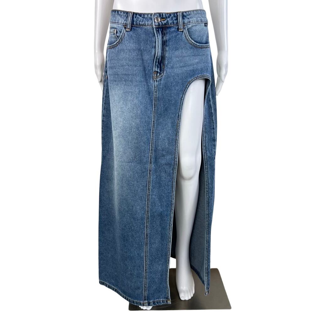 Cello Denim Maxi Skirt Cutout Slit Asymmetrical Y2K Style (Sz M)